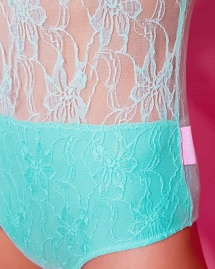 Frilledneck Fashion Lace Leotard - Aqua